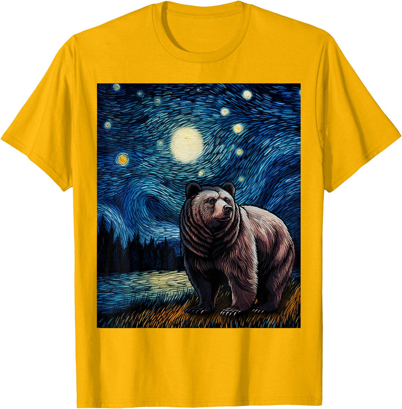 Starry Night Wildlife Graphic Grizzly Bear Van Gogh Starry Night Grizzlies Animal T-Shirt - Golden Yellow