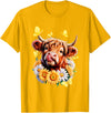 Highland Cow Sunflower Daisies Butterflies Western Animal T-Shirt - Golden Yellow