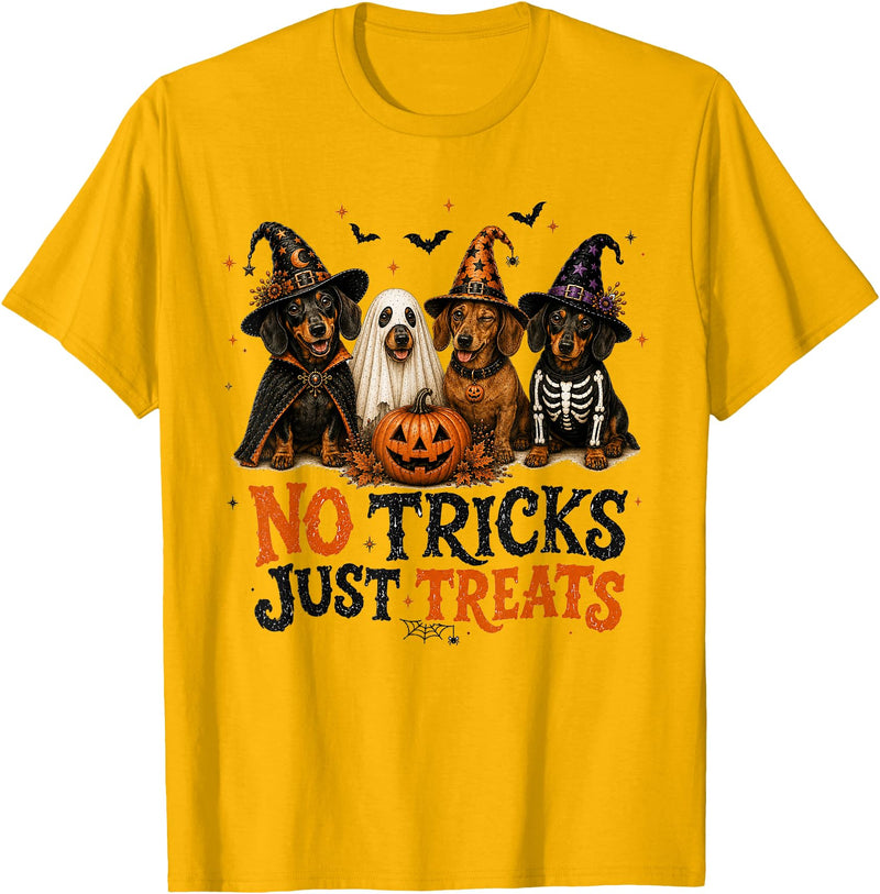 Halloween Dog No Tricks Just Treats Cute Halloween Dachshund Dog No Tricks Just Treats Funny Dog T-Shirt - Golden Yellow
