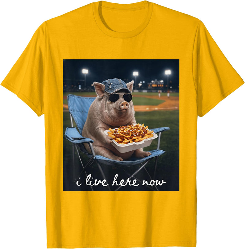 Funny Men Women Pig Baseball Outfit Funny Pig Baseball I Live Here Now T-Shirt - Golden Yellow