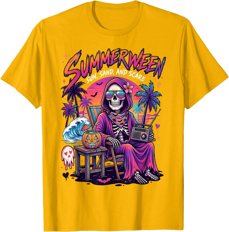 Summerween Halloween in July Spooky Summer Horror summerween Sun Sand and Scare Skeleton Halloween T-Shirt - Golden Yellow