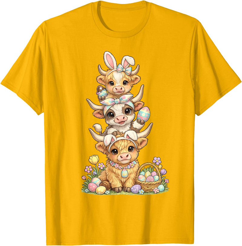 Western Easter Highland Cows Tees Western Easter Highland Cow Cute Bunny Cow Eggs Farmer Girls T-Shirt - Golden Yellow