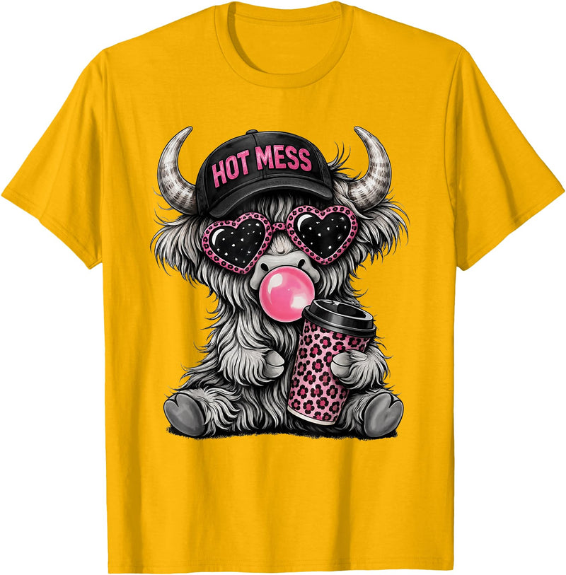 Hot Mess Highland Cow Humor Tee Co. Hot Mess Highland Cow Funny Cute Coffee Lover Graphic T-Shirt - Golden Yellow