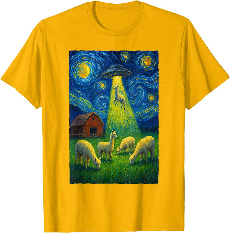 Farming UFO Llama Starry Night Painting Design Llama Alien UFO Abduction Starry Night Farmers T-Shirt - Golden Yellow