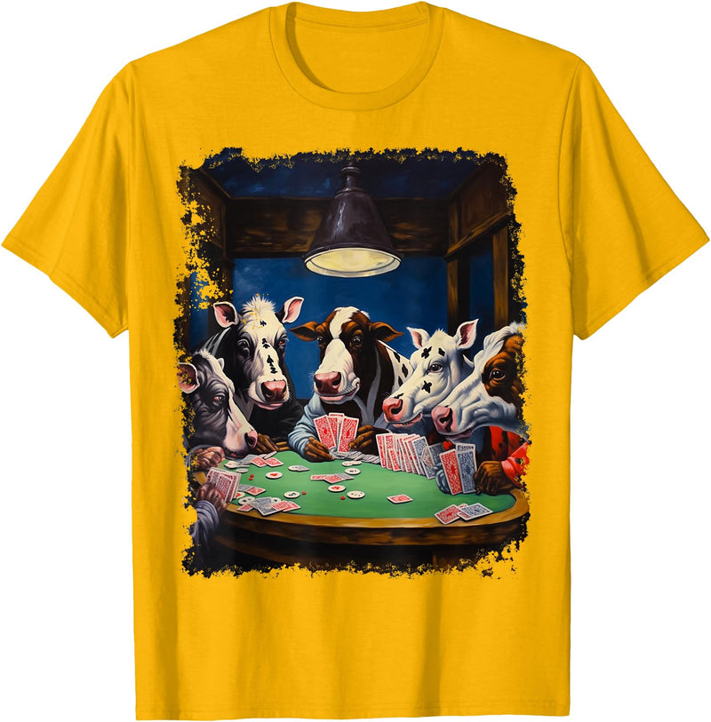 Noah&Friends Playing Card Pop Art Gambling Cows Playing Poker Cards T-Shirt - Golden Yellow