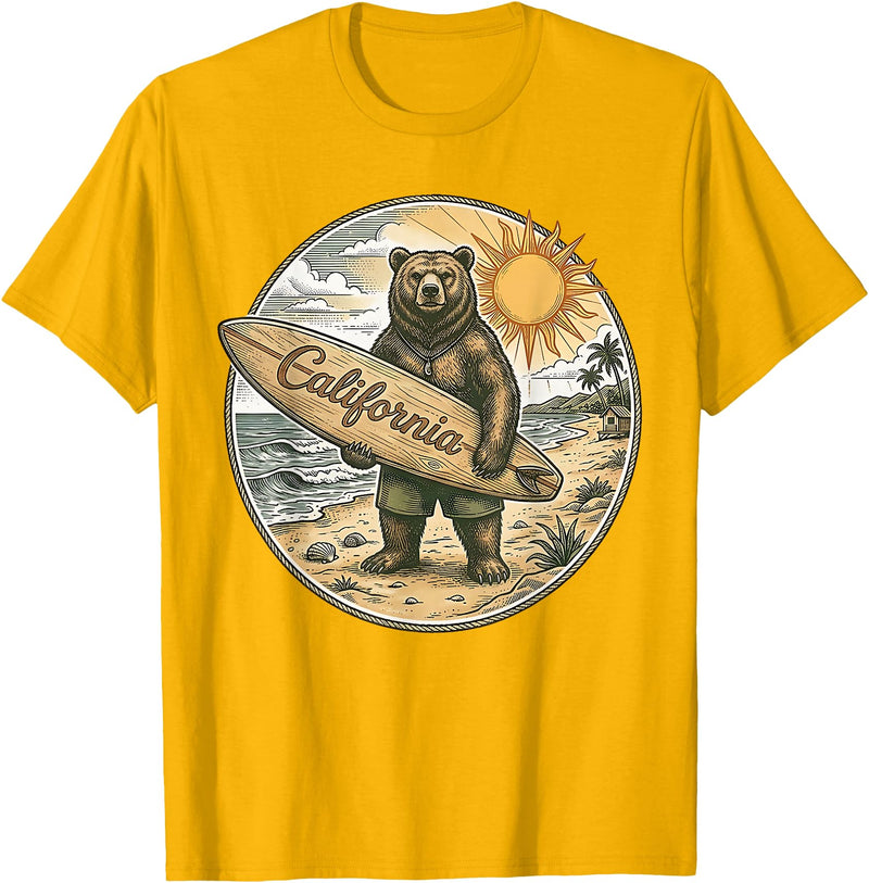 Retro Coastal Surf Bear Vintage Beach Apparel Vintage California Surf Bear Beach Retro Coastal Summer T-Shirt - Golden Yellow