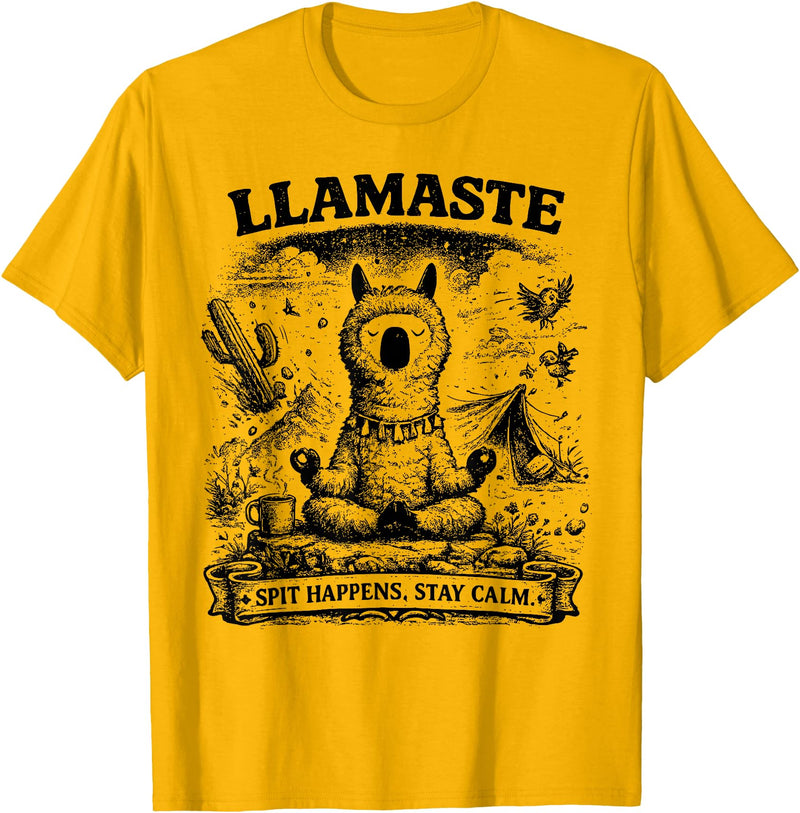 Llamaste Outdoor Society by The Maesthetics Llamaste Vintage Llama Meditation Outdoor Camping T-Shirt - Golden Yellow