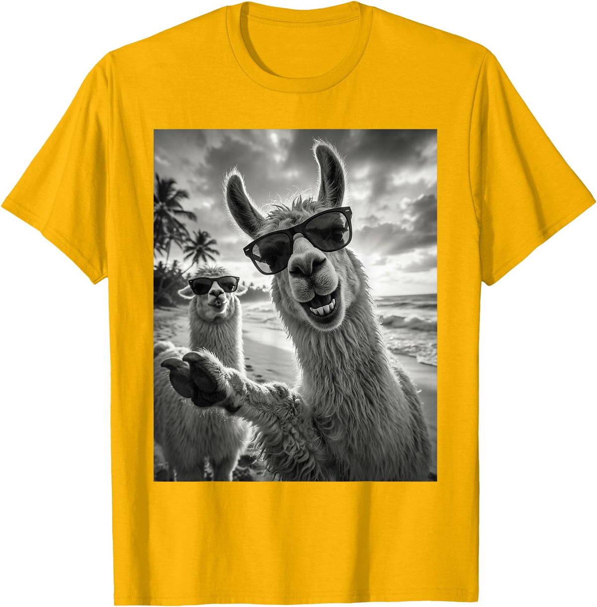 Funny Llama Stuff Accessories & Gifts Cool Llama Selfie At The Beach, Cute Llamas Alpaca T-Shirt - Golden Yellow