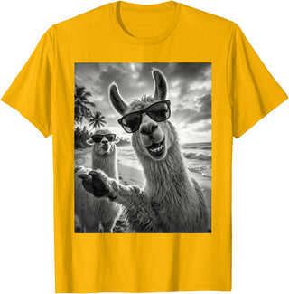 Funny Llama Stuff Accessories & Gifts Cool Llama Selfie At The Beach, Cute Llamas Alpaca T-Shirt - Golden Yellow