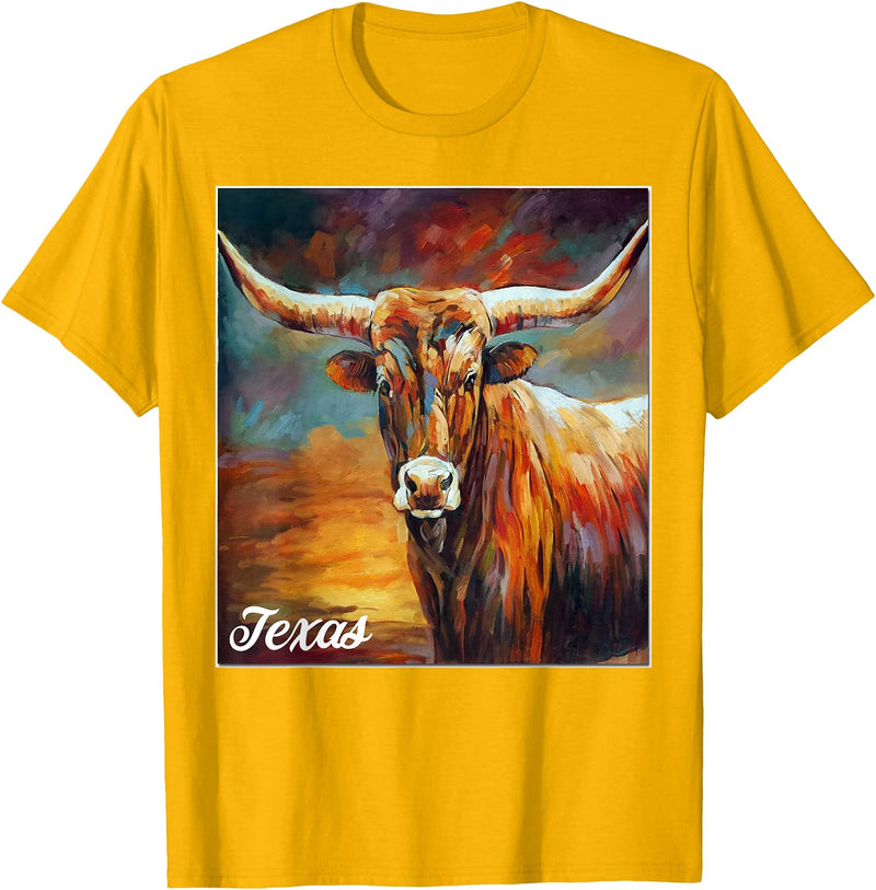 Longhorn Cow Shirts - Longhorn Cattle Gifts - Texas Cattle T-Shirt - Golden Yellow