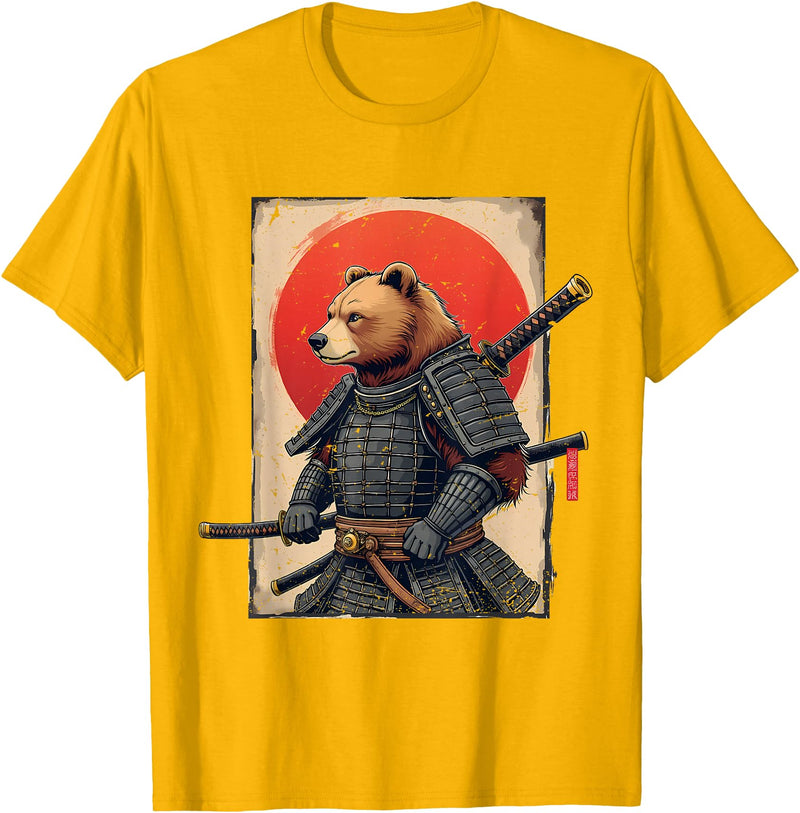 Japanese Samurai Bear Woodblock Art Samurai Brown Bear Ukiyo-e Ink Warrior Art Japanese Bear Art T-Shirt - Golden Yellow