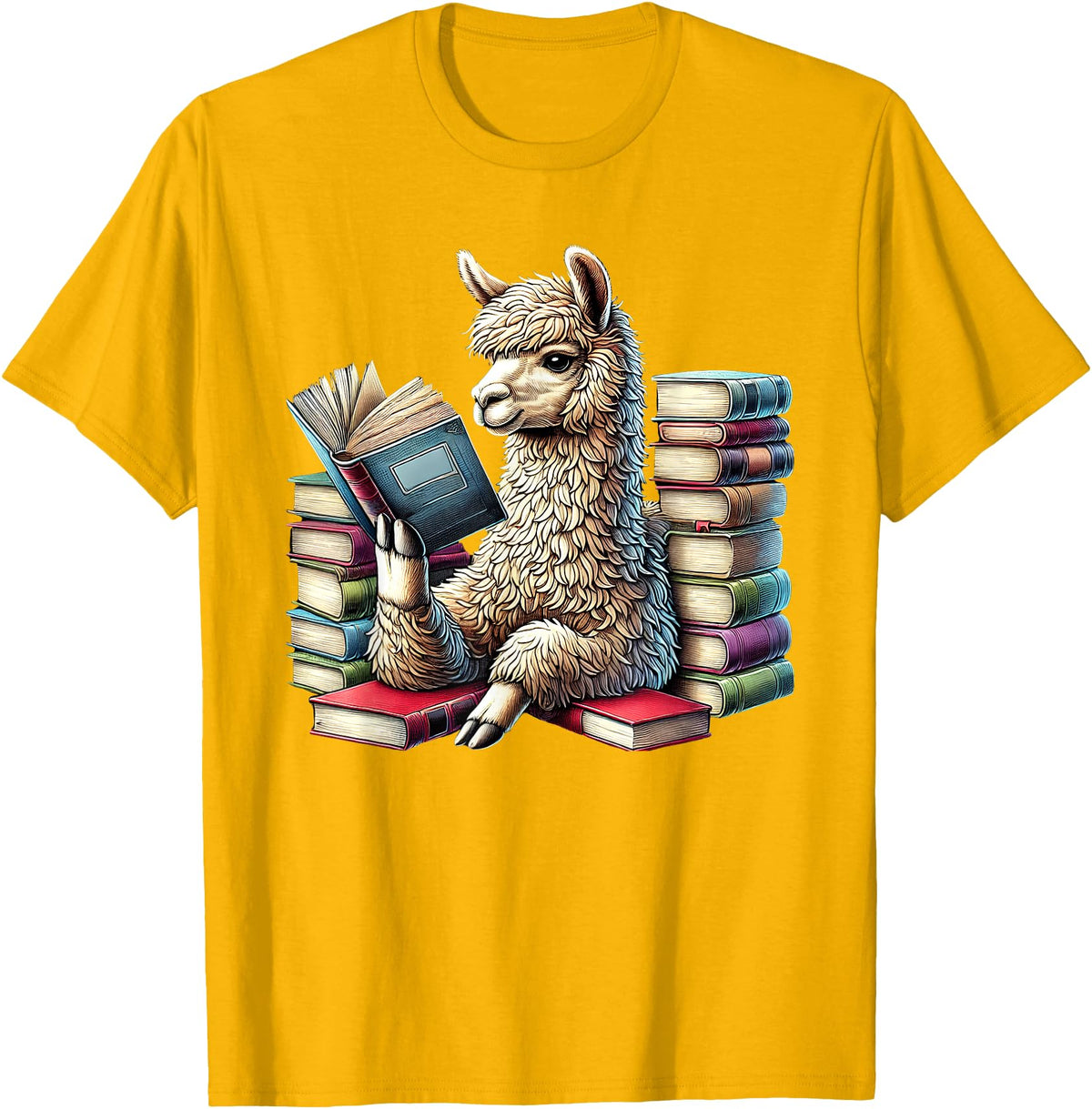 Llama Book Lover Llama Reading Book Reader Bookworm Alpaca Lover T-Shirt - Golden Yellow
