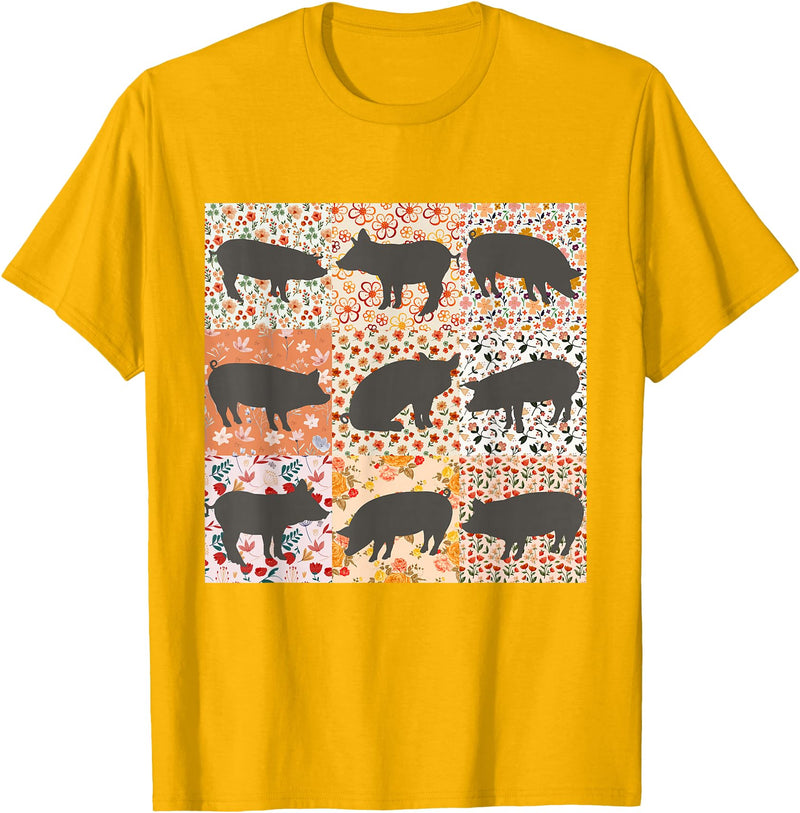 Floral Bobo Small Town Girl Animal Lover Pig Mom Pig Lover Show Mom Farm Life Farmer Floral Boho Pig T-Shirt - Golden Yellow