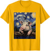 Cute Pigs Designs. Cute Pig Funny Van Gogh Style Starry Night Graphic T-Shirt - Golden Yellow