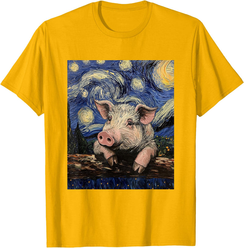 Cute Pigs Designs. Cute Pig Funny Van Gogh Style Starry Night Graphic T-Shirt - Golden Yellow