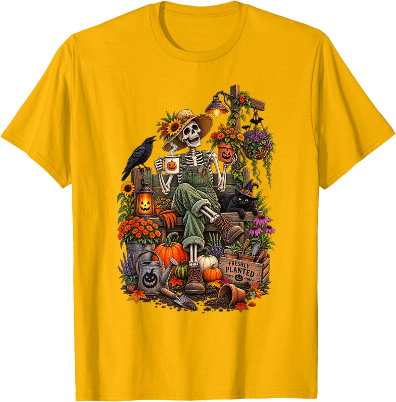 Halloween Gardening Lover Apparel & Gifts Outlet Freshly Planted Skeleton Gardener Halloween T-Shirt - Golden Yellow