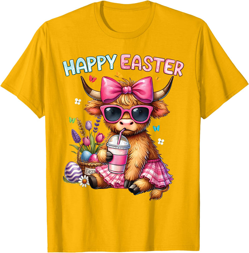 Farm Animal Highland Cow easter Gifts Happy Easter Day Highland Cow Cute Holiday Bunny Women Kids T-Shirt - Golden Yellow