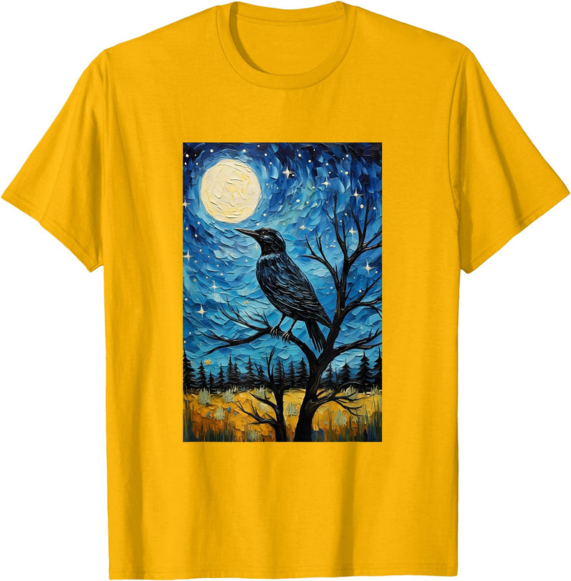 Bird Designs. Magpie Crow Raven Bird Van Gogh Style Starry Night Graphic T-Shirt - Golden Yellow