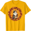 Calico Cat Autumn Fall Halloween Decor Apparel Calico Cat Autumn Leaves Wreath Cozy Fall Halloween T-Shirt - Golden Yellow