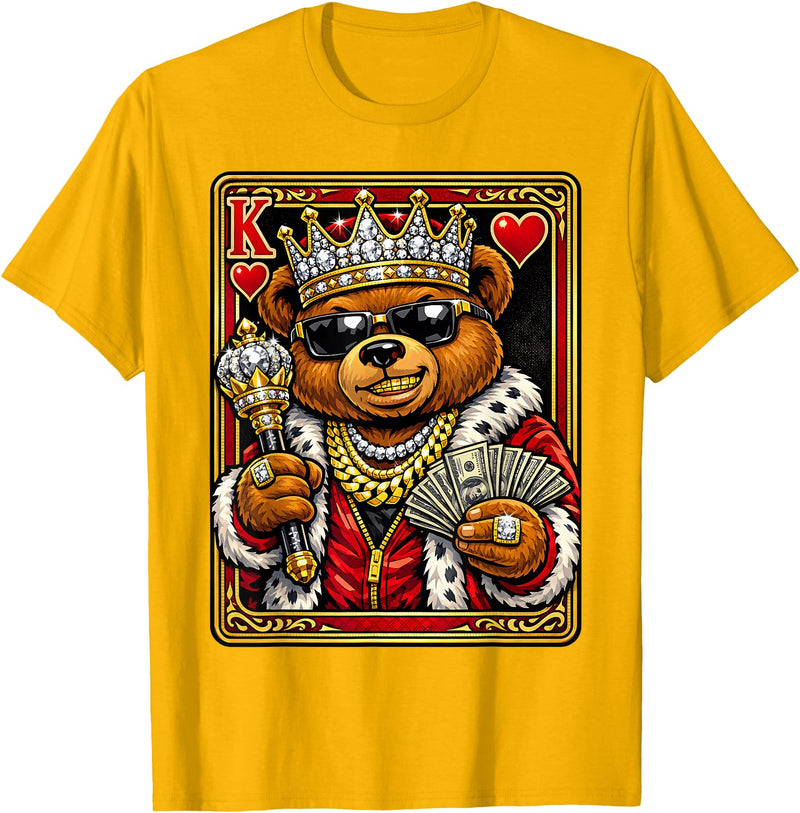 Teddy Bear King and Queen Matching Couples Designs King of Hearts Hip Hop Dripped Out Teddy Bear Hustle Money T-Shirt - Golden Yellow