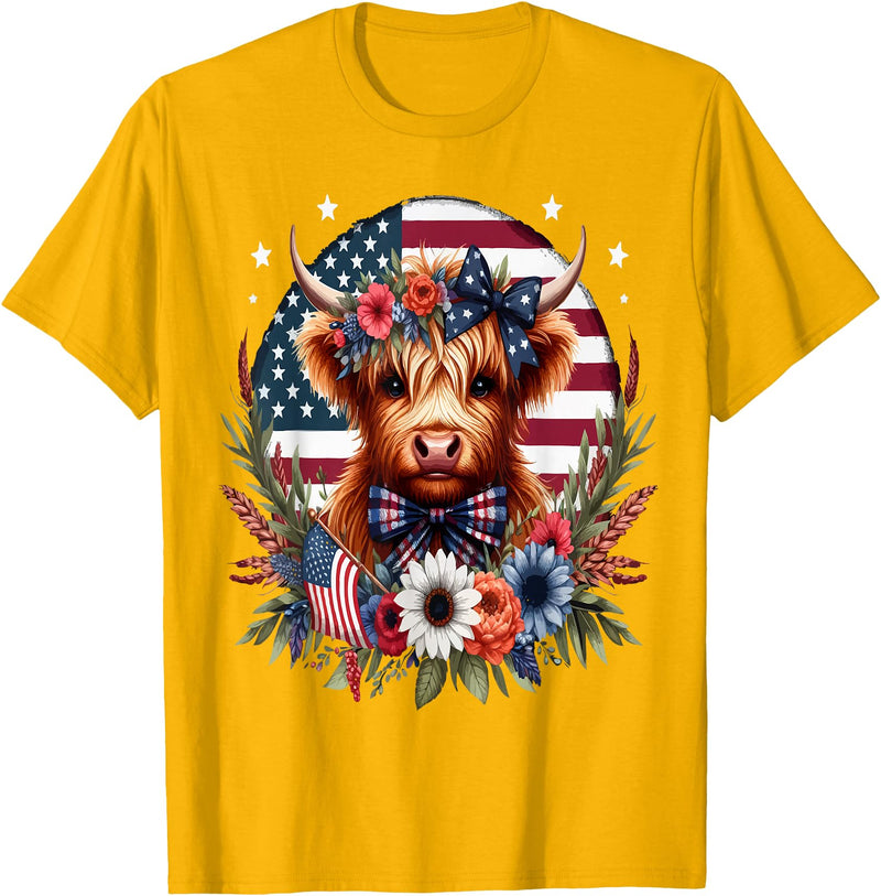 Funny July 4th Highland Cow Farm Lovers Gift Ideas Cute Highland Cow Florals 4th of July USA Flag Patriotic T-Shirt - Golden