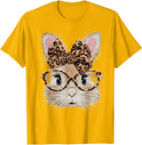Cute Bunny Rabbit Face Leopard Coquette Bow Glasses Easter T-Shirt in Golden Yellow