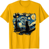 Cat Starry Night Van Gogh Cat T-Shirt for Cat Lovers, Women, Unisex, Black, Small, Short Sleeve, Classic Fit