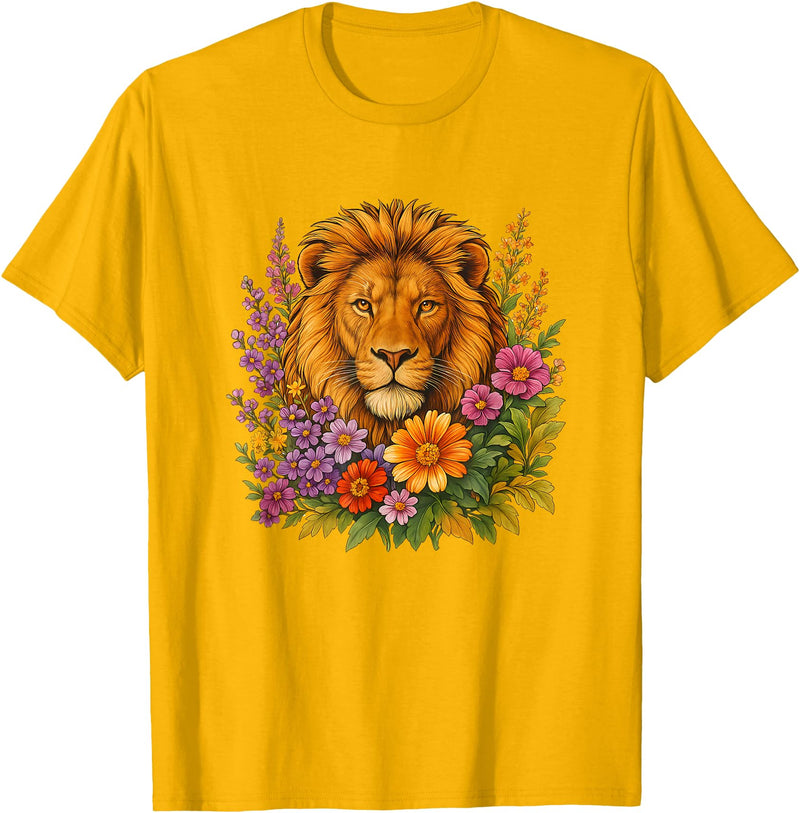 Cute and Funny Lions Graphic Designs. Lion Flower Floral Cute Men Women Kids T-Shirt - Golden Yellow