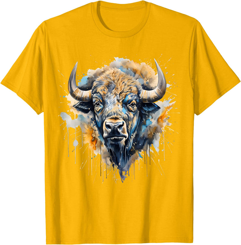 Safari Animal Art Buffalo Portrait Colorful Splash Artwork Wildlife Bison T-Shirt - Golden Yellow