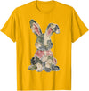 Funny Bunny Crochet Patchwork Camo Rabbit Happy Easter Day T-Shirt (Black) in Golden Yellow