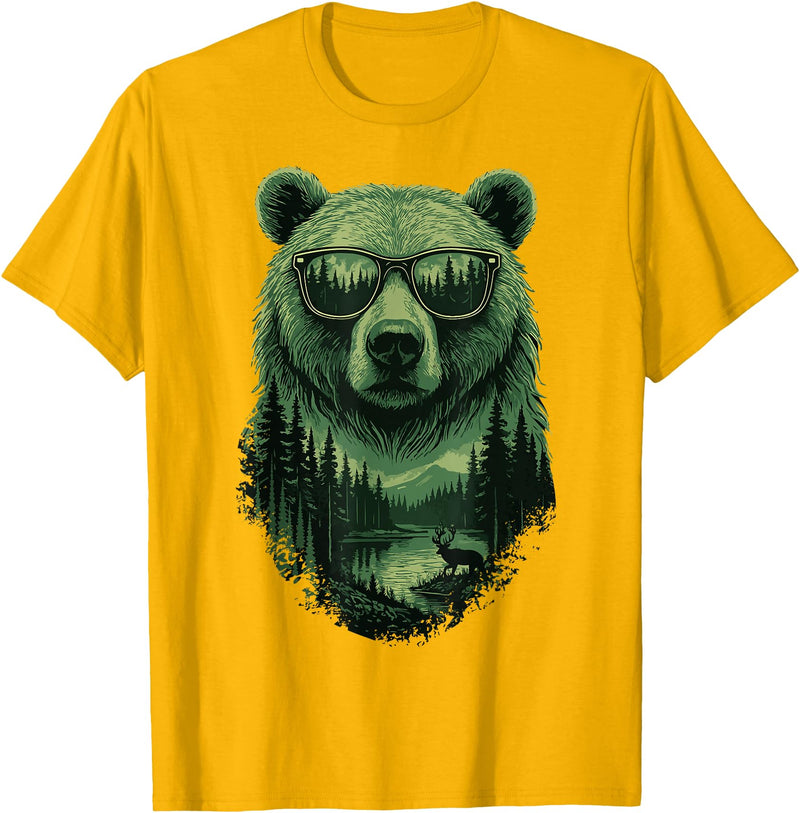Bear Wildlife Deer Campfire Nature Apparel Bear Sunglasses Wildlife Deer Campfire Nature Vintage Forest T-Shirt - Golden Yellow