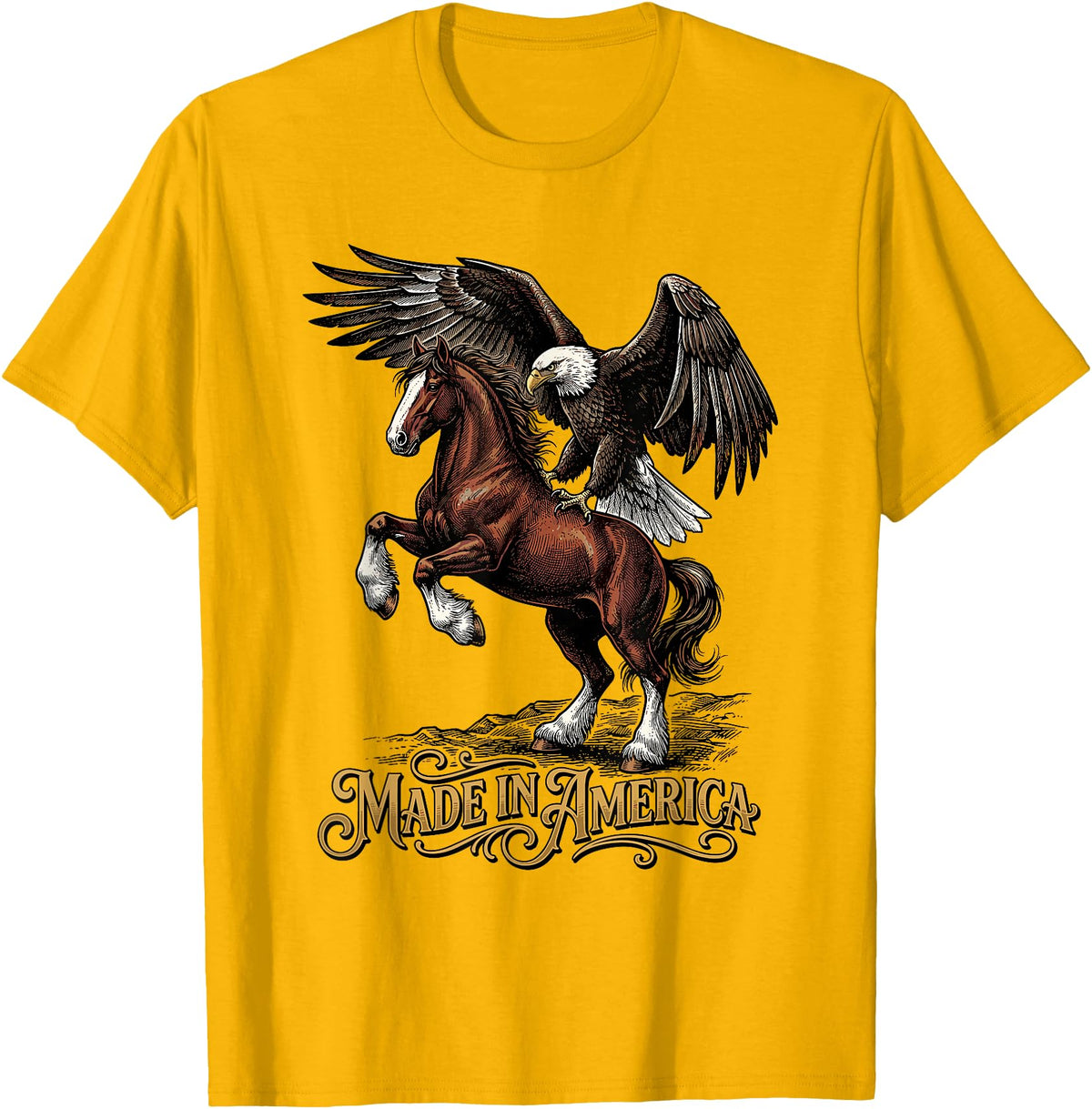 American Pride Horse Eagle Country Made in America Horse Eagle Patriotic Western T-Shirt - Golden Yellow