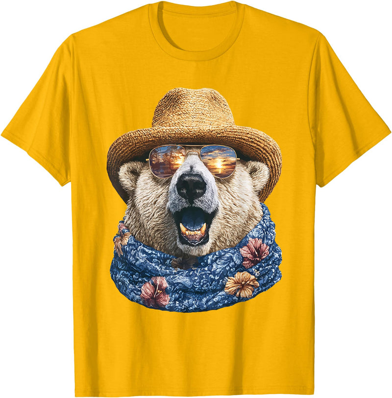Whimsical Coastal Animals Beachgoers Cute Polar Bear with Sunglasses and Straw Hat Animal Summer T-Shirt - Golden Yellow