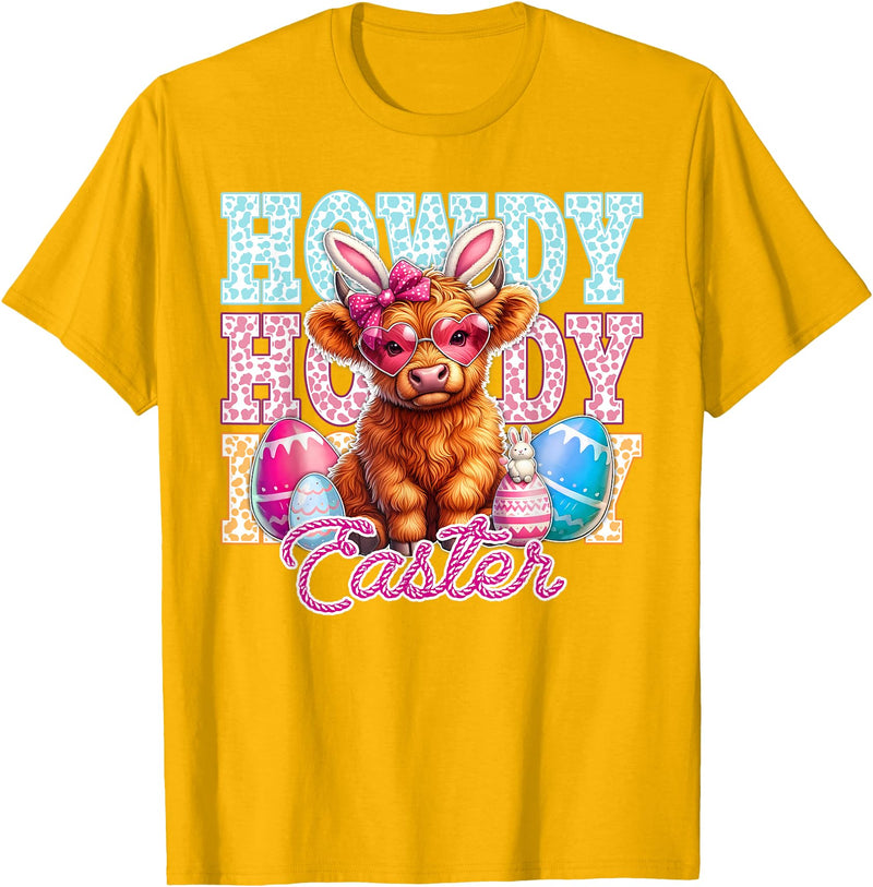 Highland Cow Easter Cute Western Farm Apparel Howdy Easter Cute Highland Cow Bunny Ears Western Easter T-Shirt - Golden