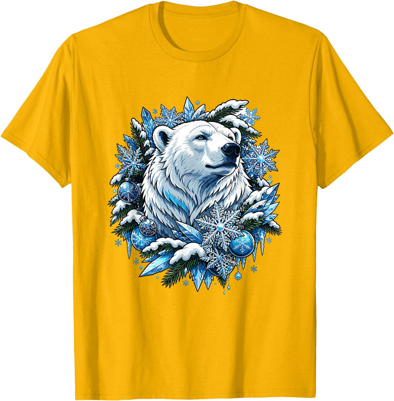 Arctic Polar Bear Winter Snowflakes Christmas Polar Bear Wreath Ice Crystals T-Shirt - Golden Yellow