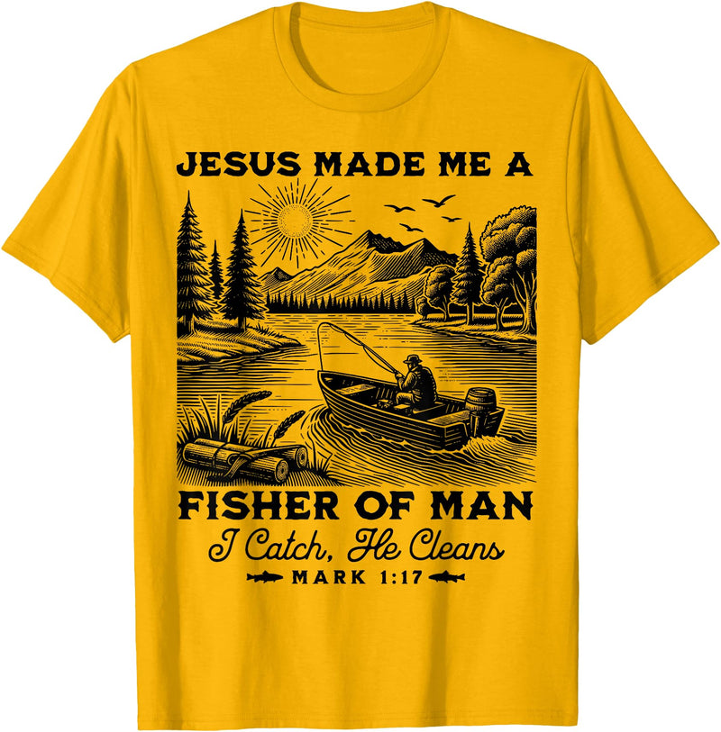 Fisher of Man Mark 1:17 Christian Scripture Jesus Fishing T-Shirt - Golden Yellow