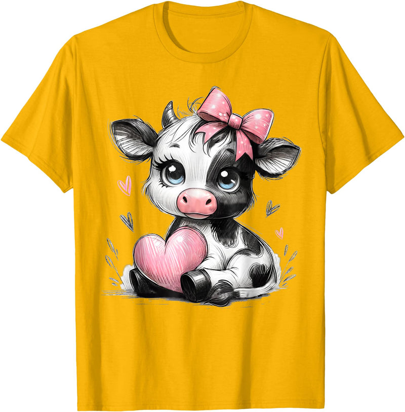 Cow Farmer Coquette Bow Tees Cute Baby Cow with Pink Coquette Bow Holding Heart T-Shirt - Golden Yellow