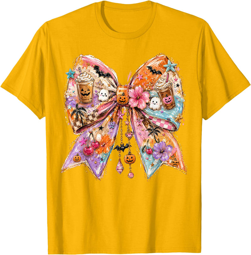 Summerween Tees NYC Summerween Bow Coquette Summer Halloween Ghosts Beach Coffee T-Shirt - Golden Yellow