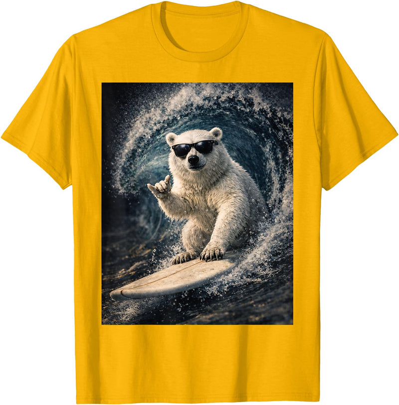 White Bear Surfing Waves Funny Animal Apparel Funny Polar Bear Surfer Catching Waves | Shaka Funny Animal T-Shirt - Golden Yellow