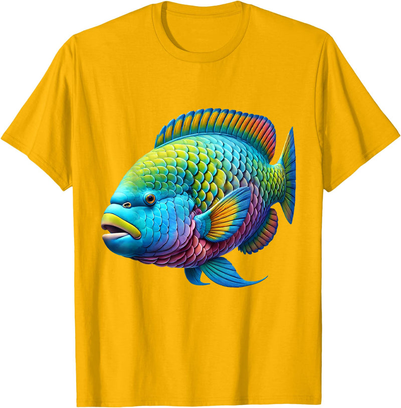 Parrotfish Lover Gifts and Apparel Multicolor Parrot Tropical Fishing T-Shirt, Unisex-Adults, Short Sleeve, T-Shirt, Small - Golden Yellow