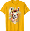 Llama Bloom Studio Cute Llama Floral Crown Watercolor Animal Art T-Shirt - Golden Yellow