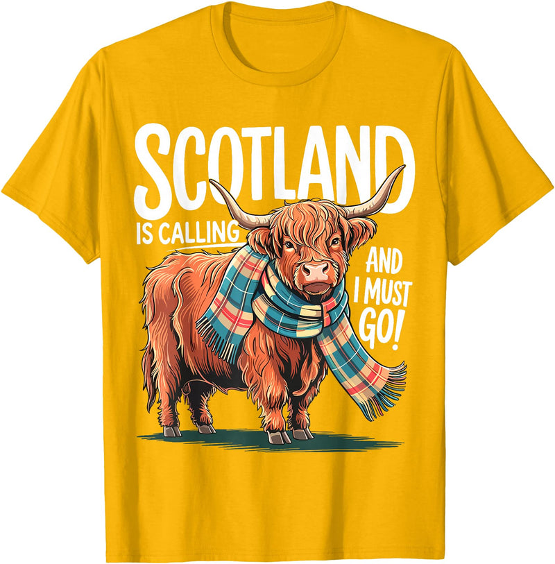 Funny Scottish Highland Cow Scotland is Calling and I Must go Scottish Highland Cow T-Shirt - Golden Yellow