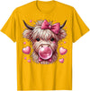 Highland Cow Land of NYC Highland Cow Valentines Blowing Bubble Bubblegum Hearts Bow T-Shirt - Golden Yellow