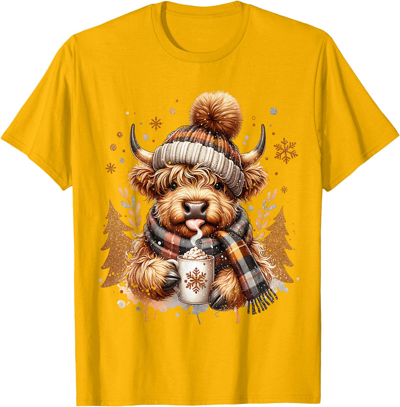 Highland Cow Land of NYC Cute Highland Cow Christmas Trees Winter Hot Cocoa Chocolate T-Shirt - Golden Yellow