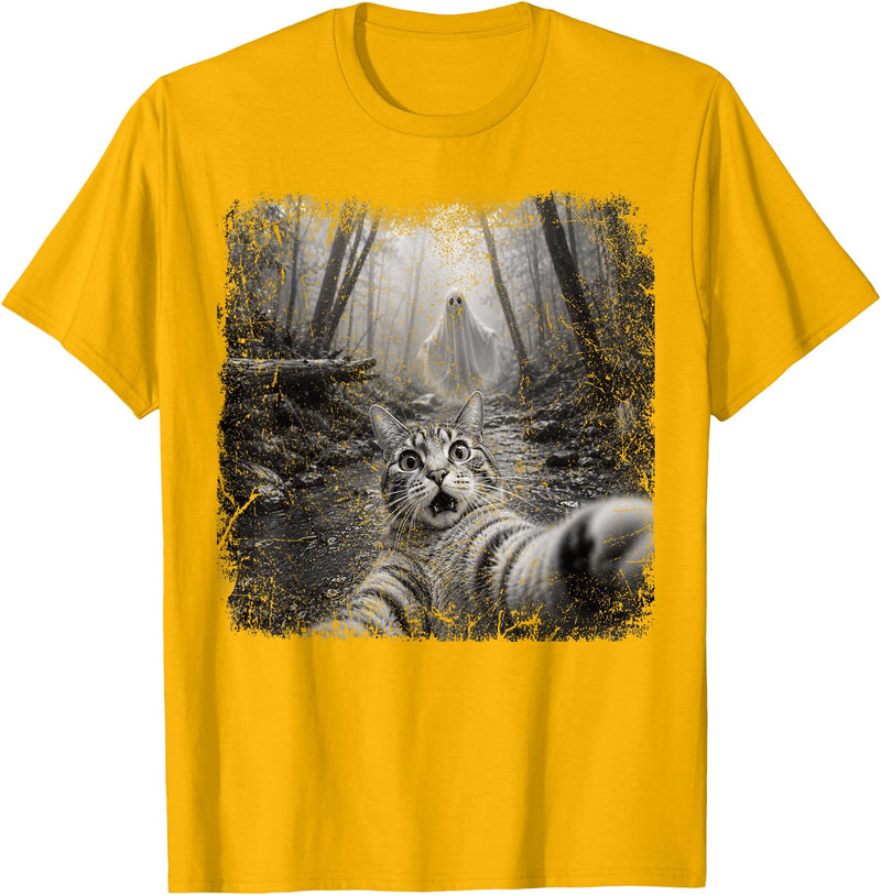 Halloween Ghost Cat Selfie Forest Lat Halloween Ghost Cat Forest Selfie Scared Men Women Kid T-Shirt - Golden Yellow