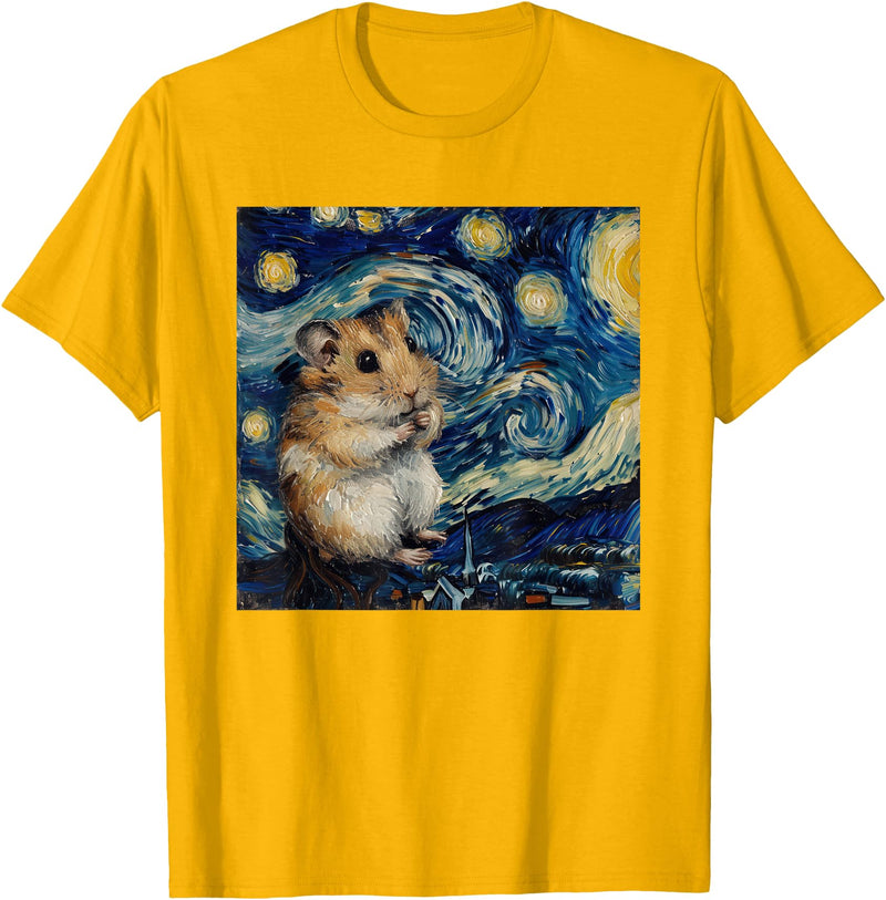 Hamster Van Gogh Style Starry Night T-Shirt - Golden Yellow