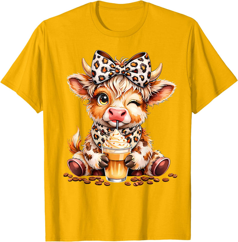 Cute Highland Cow Coffee Addict Leopard Bow Highland Cow Coffee Addict Funny Drink Coffee T-Shirt - Golden Yellow