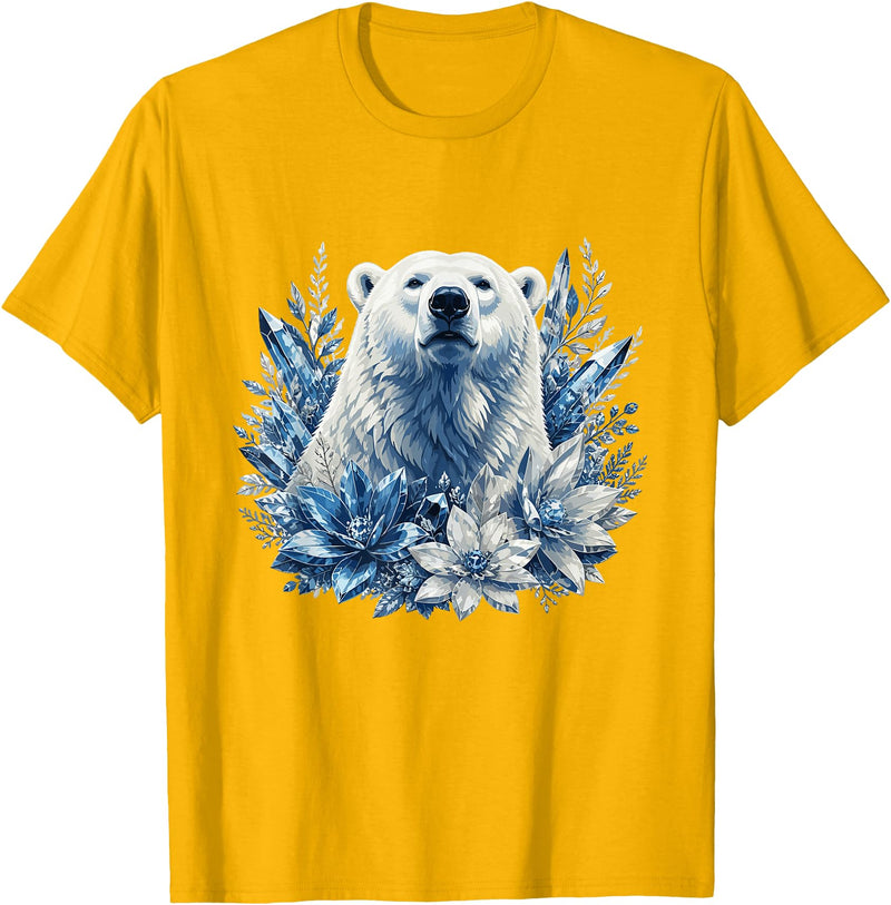 Arctic Polar Bear Winter Floral Nature Ice Blue Snow Polar Bear with Winter Flowers T-Shirt - Golden Yellow