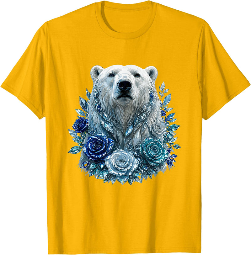 Arctic Polar Bear Crystal Rose Winter Spirit Majestic Polar Bear with Blue Ice Crystal Roses T-Shirt - Golden Yellow
