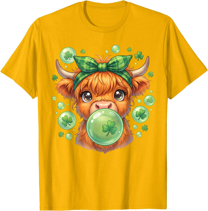 St. Patricks Day Highland Cow Blowing Bubblegum Celebrate St Patricks Day T-Shirt - Golden Yellow